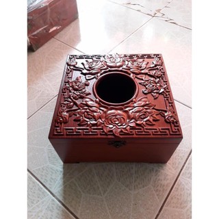 Hộp Gỗ Đựng Giấy Ăn Vuông Trạm Hoa Hồng-- gỗ hương ta