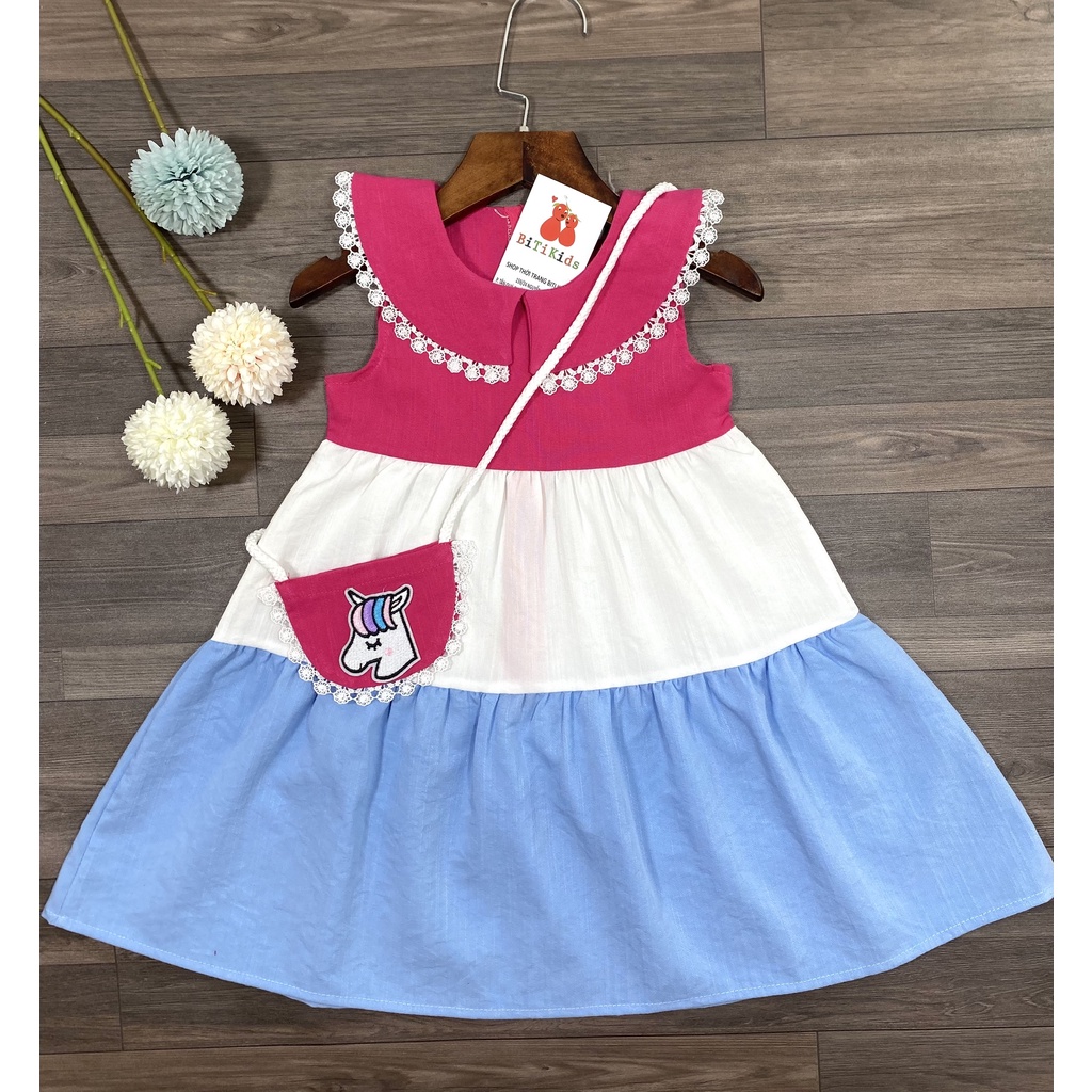 Đầm bé gái,váy trẻ em phối 3 màu vải Linen cao cấp kèm túi siêu xinh cho bé ,BITIKIDS size 0 đến 8 tuổi.