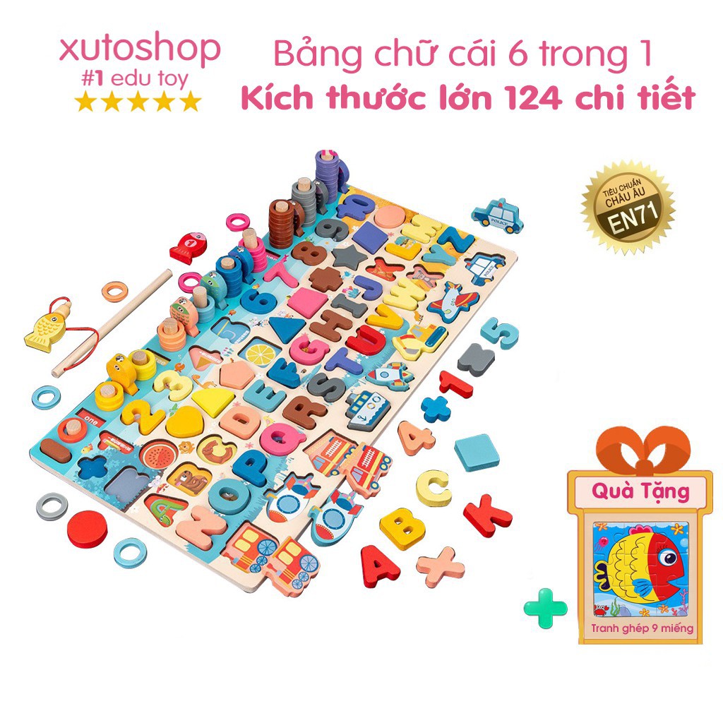 Đồ chơi gỗ thông minh cho bé bảng chữ cái, hình khối, số, phương tiện giao thông
