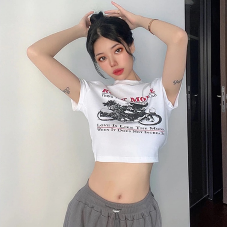 Áo Thun Crop Top Tay Ngắn Dáng Ôm In Họa Tiết Xe Máy Dễ Thương Thời Trang Mùa Hè Cho Bé Gái Y2K