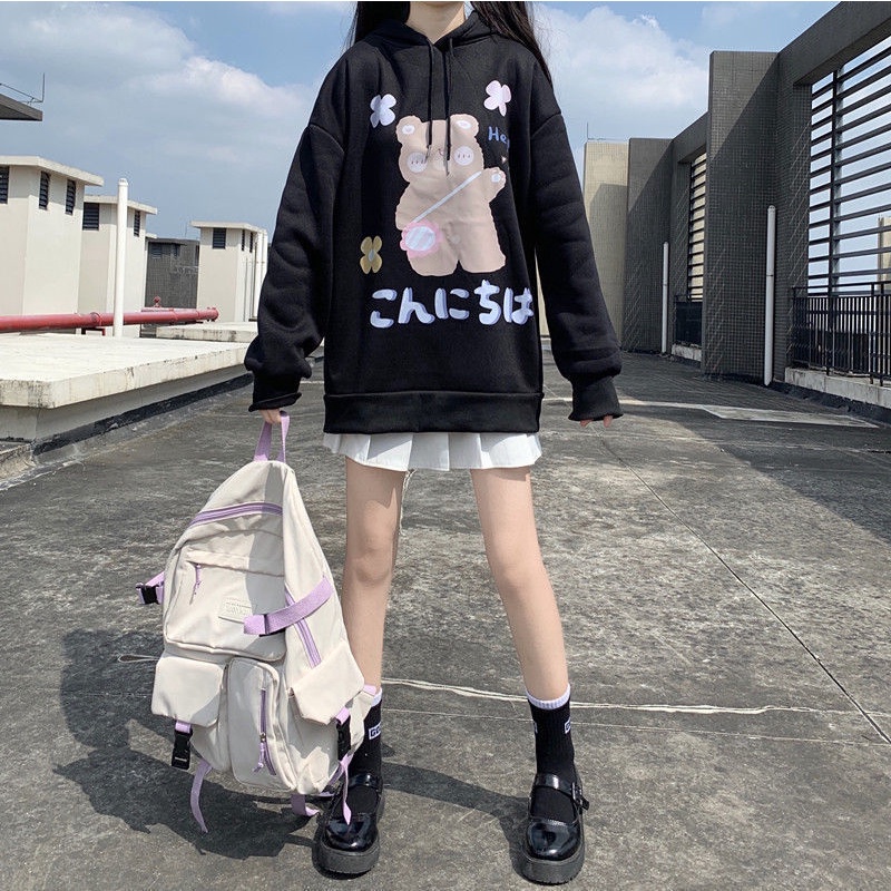 Áo hoodie dáng rộng in hình gấu hoạt hình phong cách Nhật Bản