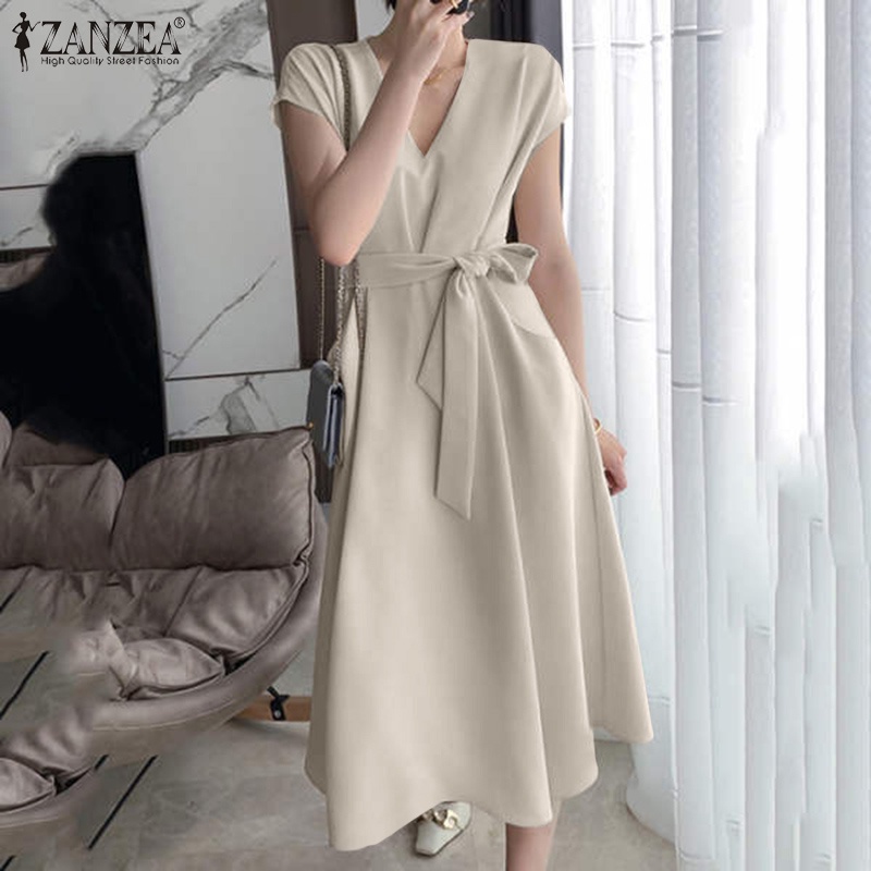 Đầm dài ZANZEA tay ngắn cổ chữ V thời trang tùy chọn màu sắc cho nữ