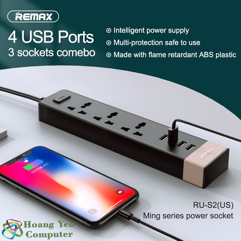 Ổ Cắm Điện Remax RU-S2 Kiêm Cốc Sạc 4 cổng USB - BH 6 tháng