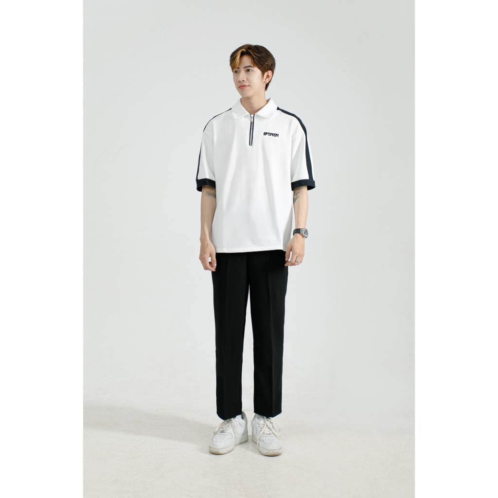 Áo Phông Polo Trắng Nam Sọc Tay Đen MANDO Tay Lỡ Cotton Cao Cấp Form Rộng Basic Unisex Thời Trang Hàn Quốc PDN130