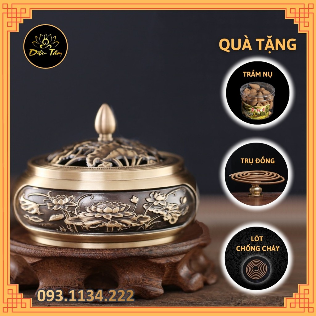 Lư đồng xông trầm hương nguyên chất thay lư điện đốt trầm hương thờ cúng tặng kèm trầm nụ/ nhang vòng