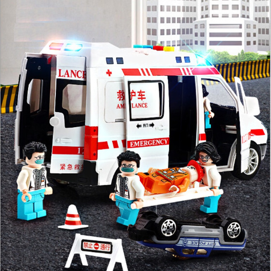 Đồ chơi xe cứu thương cao cấp, tặng kèm : 3 nhân vật lego, máng khiêng, 3 pin, tua vít, sạc dự phòng