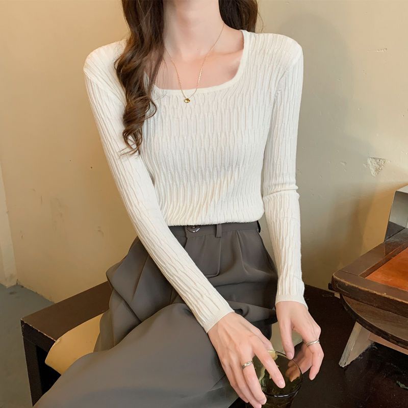 Áo dệt kim cổ vuông tay dài phong cách thời trang thu đông cho nữ