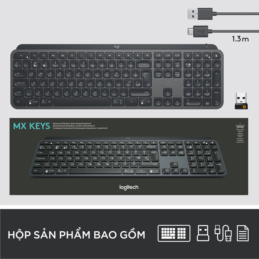 Bàn phím không dây bluetooth Logitech MX Keys - Đèn nền cảm biến, sạc nhanh USB-C | WebRaoVat - webraovat.net.vn