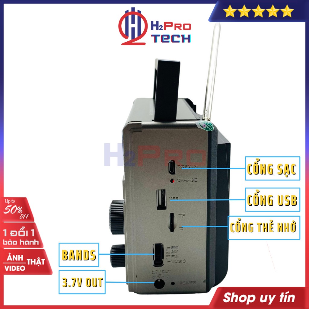 Đài Radio Năng Lượng Mặt Trời Fepe 310BT Bluetooth, Đài Fm-Am-Sw, Pin Sạc, Máy Radio Nghe Nhạc Cho Người Già-H2Pro Tech