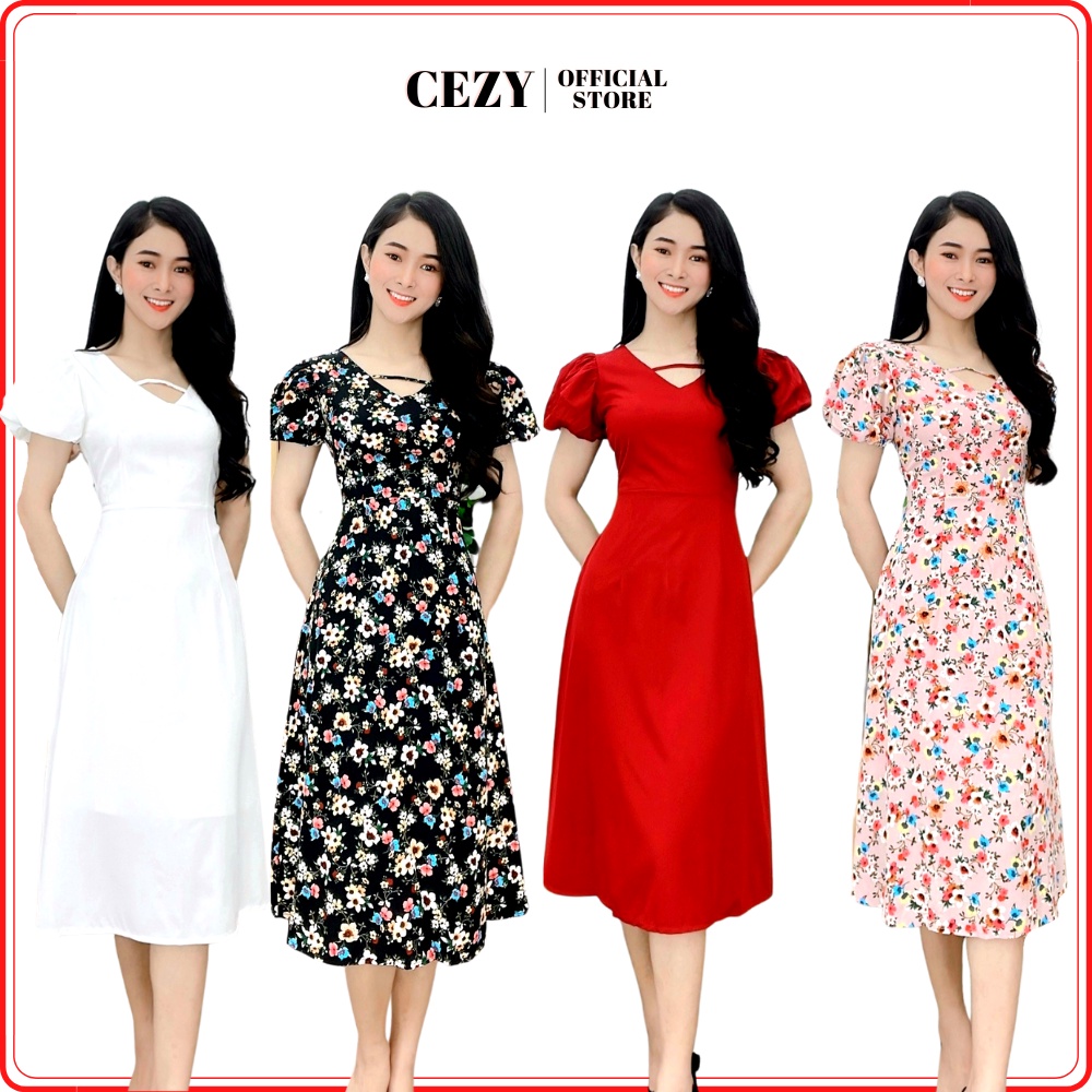 Đầm hoa nhí cổ v tay phồng form xòe có size bigsize Cezy D46