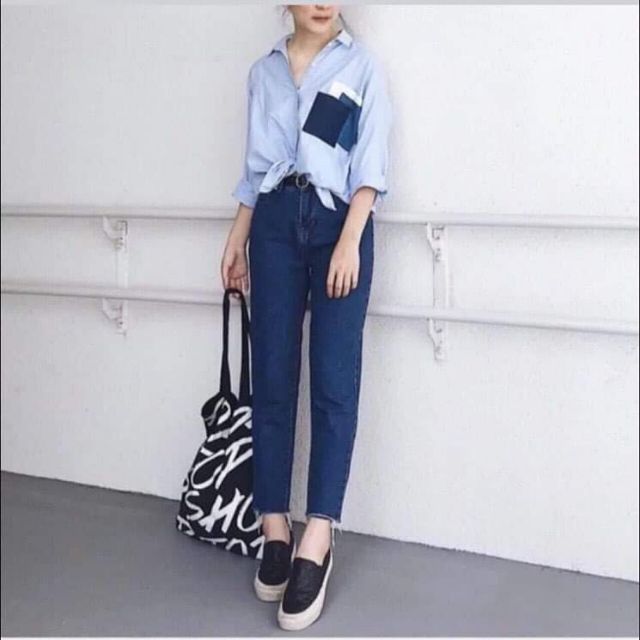 Quần slim baggy jeans đậm ulzzang kèm ảnh thật
