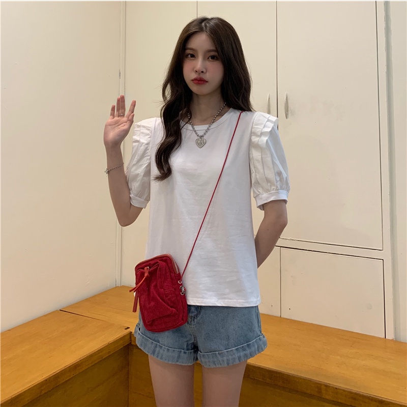 Áo Thun Tay Ngắn Cổ Tròn Phối Bèo Nhún Đơn Giản Phong Cách Hàn Quốc