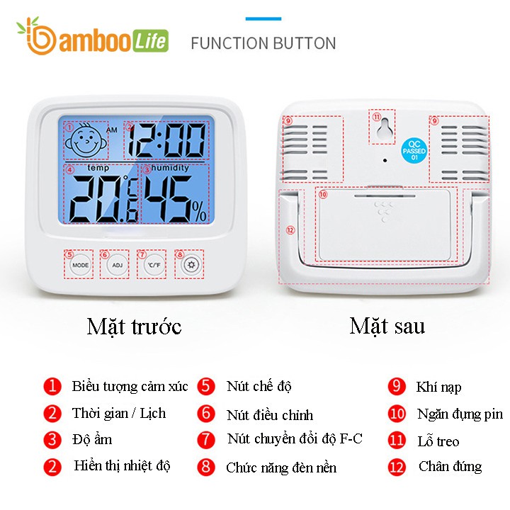 Nhiệt ẩm kế điện tử Bamboo Life 3 trong 1 máy đo nhiệt độ và độ ẩm phòng ngủ cho bé đa năng, tiện dụng