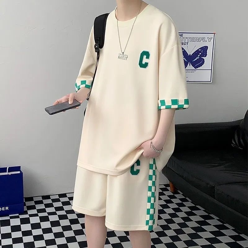 Set Đồ Thể Thao Ngắn Tay Họa Tiết Ô Vuông Thời Trang Mùa Hè Cho Nam