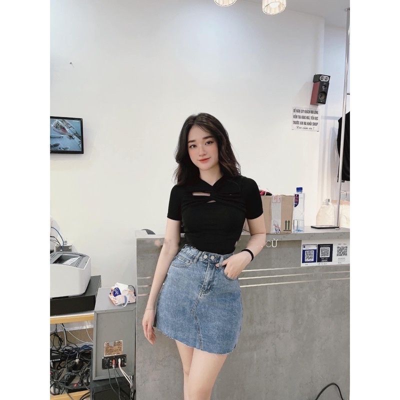 Áo xoắn ngực thun gân tay ngắn dáng croptop - TT12