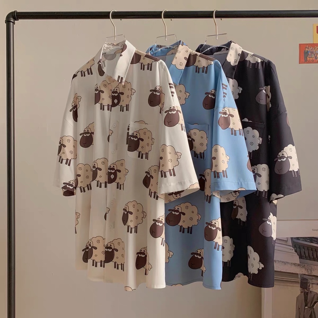 Áo sơ mi tay ngắn nam nữ chất lụa hoạ tiết hoạt hình phong cách ulzzang Hàn Quốc SIB083
