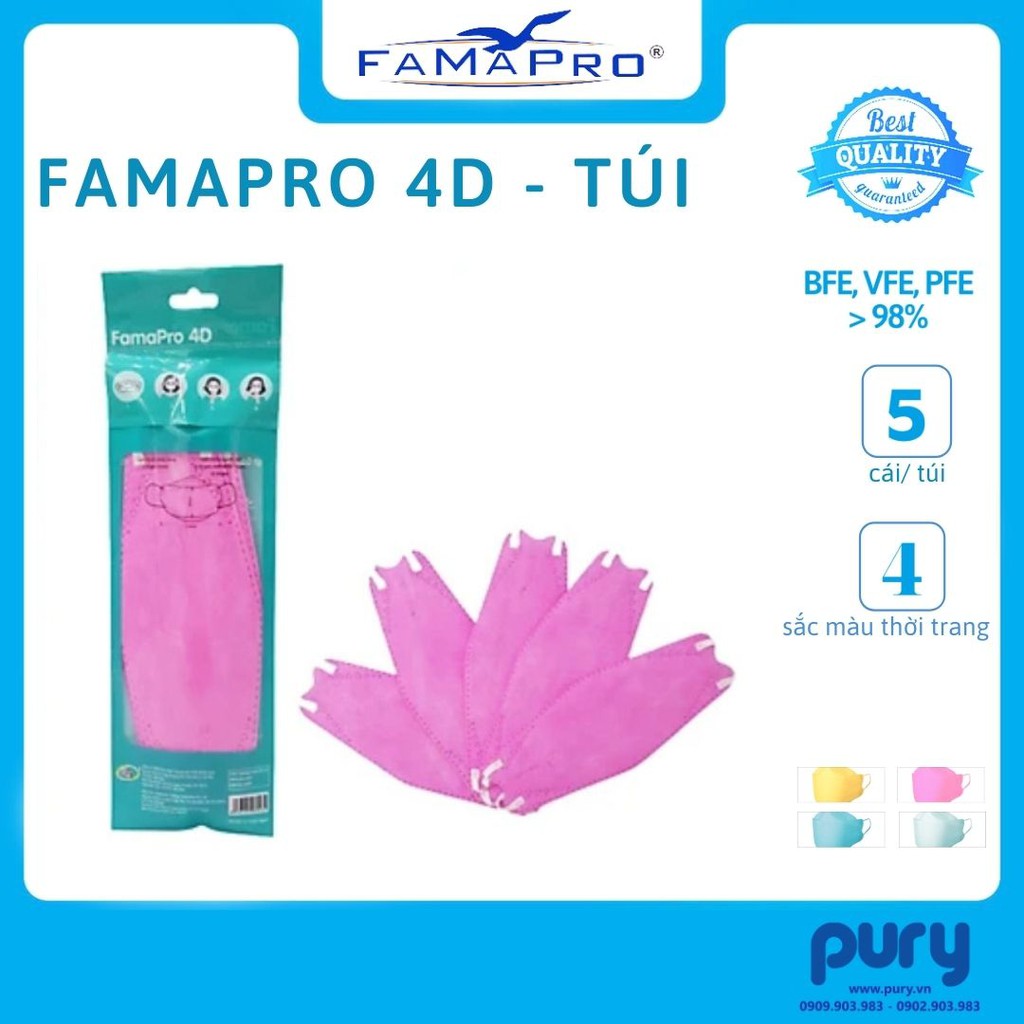 [TÚI-5 CÁI] - Khẩu trang y tế cao cấp kháng khuẩn 3 lớp Famapro 4D