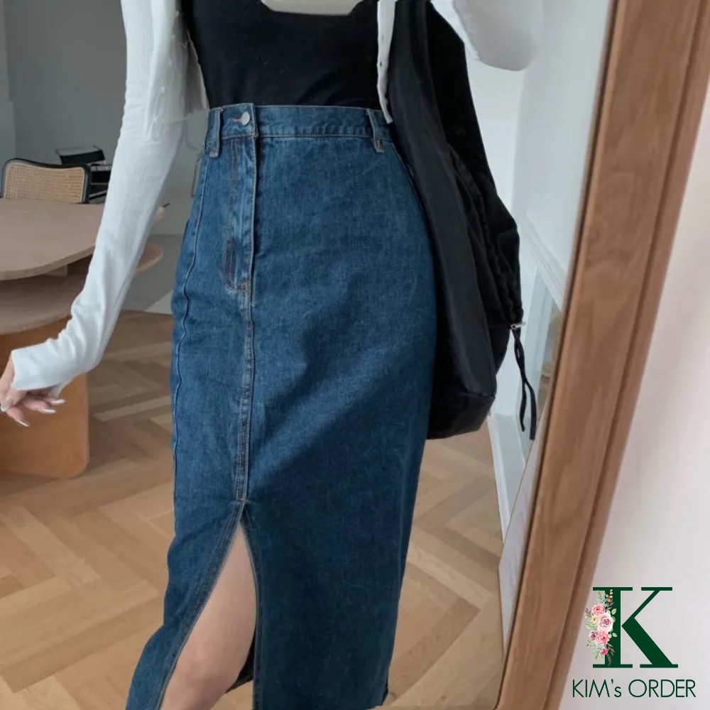 Chân váy bò Denim nữ màu xanh đậm và đen chất Jeans dáng dài xẻ tà cạp lưng cao hàng Quảng Châu phong cách Ulzzang Hàn | BigBuy360 - bigbuy360.vn