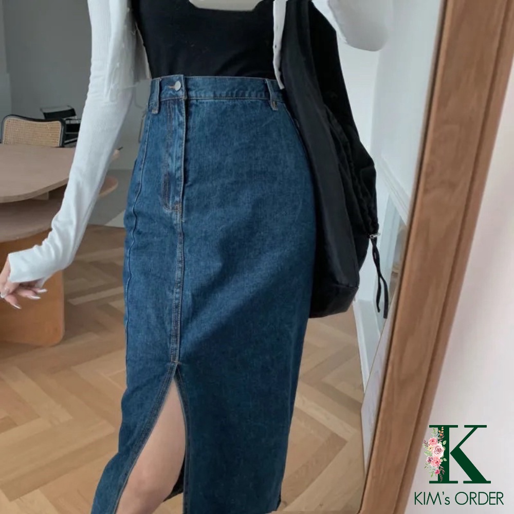 Chân váy bò Denim nữ màu xanh đậm và đen chất Jeans dáng dài xẻ tà cạp lưng cao hàng Quảng Châu phong cách Ulzzang Hàn