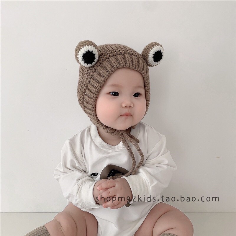 Mũ nón len hình chú ếch cho bé có lót nỉ ấm áp