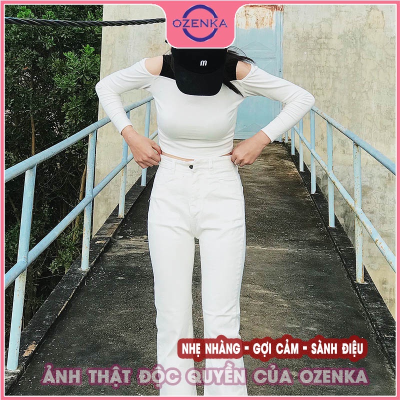 Áo croptop hở vai tay dài ôm nữ OZENKA thun gân đẹp 100% cotton cải màu sang chảnh size dưới 50 kg