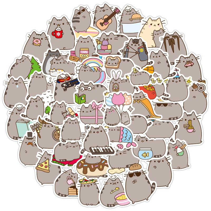 Y&P| Hình Dán Chống Nước Pusheen Phim Hoạt Hình Mũ Bảo Hiểm Máy Tính Xách Tay Hành Lý Dán Thiết Lập, 100 tờ