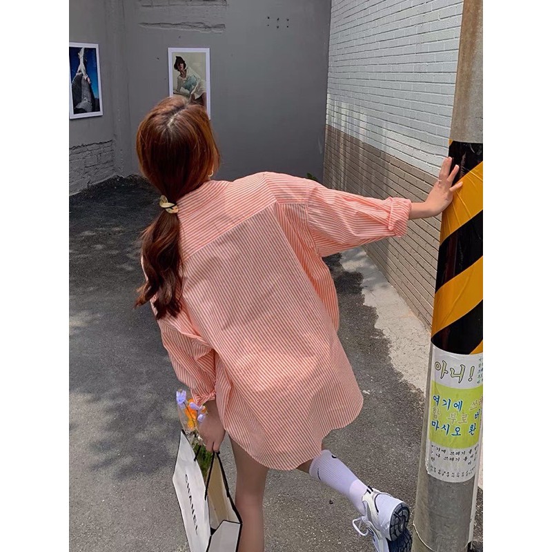 SƠMI KẺ SỌC CAM ULZZANG DÁNG OVERSIZE