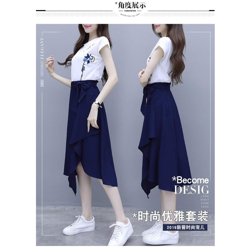 SET ÁO KIỂU THÊU HỌA TIẾT CHÂN VÁY CỘT NƠ CÓ SIZE LỚN XXXL