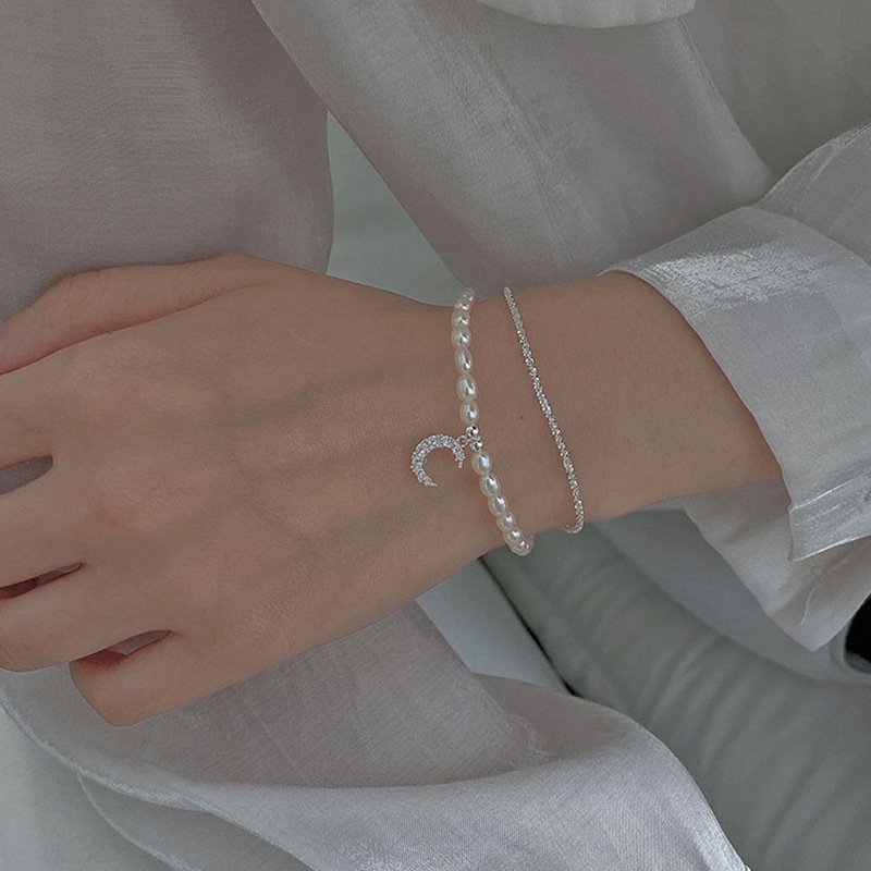 Vòng Tay Đính Ngọc Trai Mặt Hình Galaxy ~ Mặt Trăng Lấp Lánh Sang Trọng Thời Trang Mùa Hè Cho Nữ