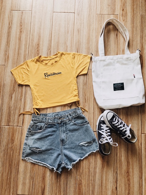 Áo thun croptop ⚡FREESHIP Đơn 250K⚡ Áo croptop thun ôm body rút eo hở rốn in chữ Resi siêu hot hàng Quảng Châu chất đẹp | BigBuy360 - bigbuy360.vn