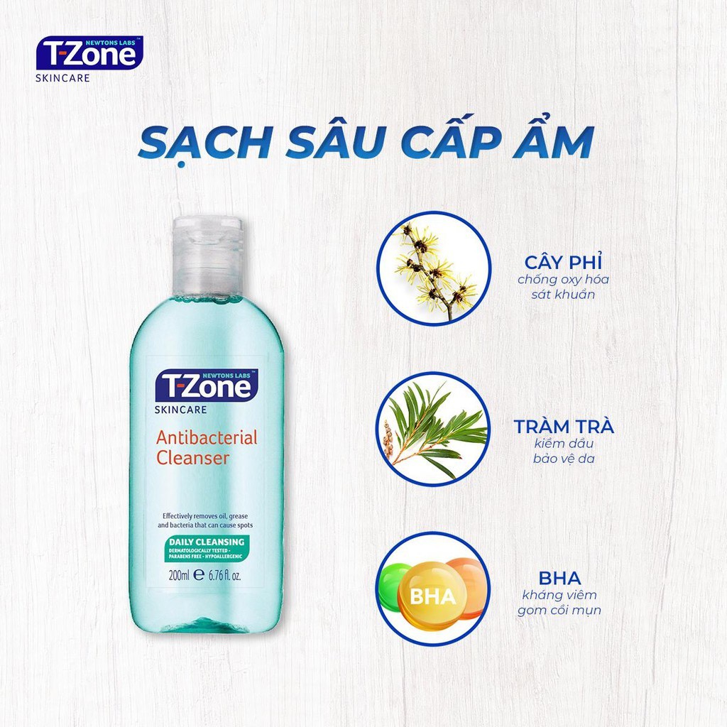 Nước Hoa Hồng Cho Da Dầu Mụn T-Zone Antibacterial Cleanser 200ml