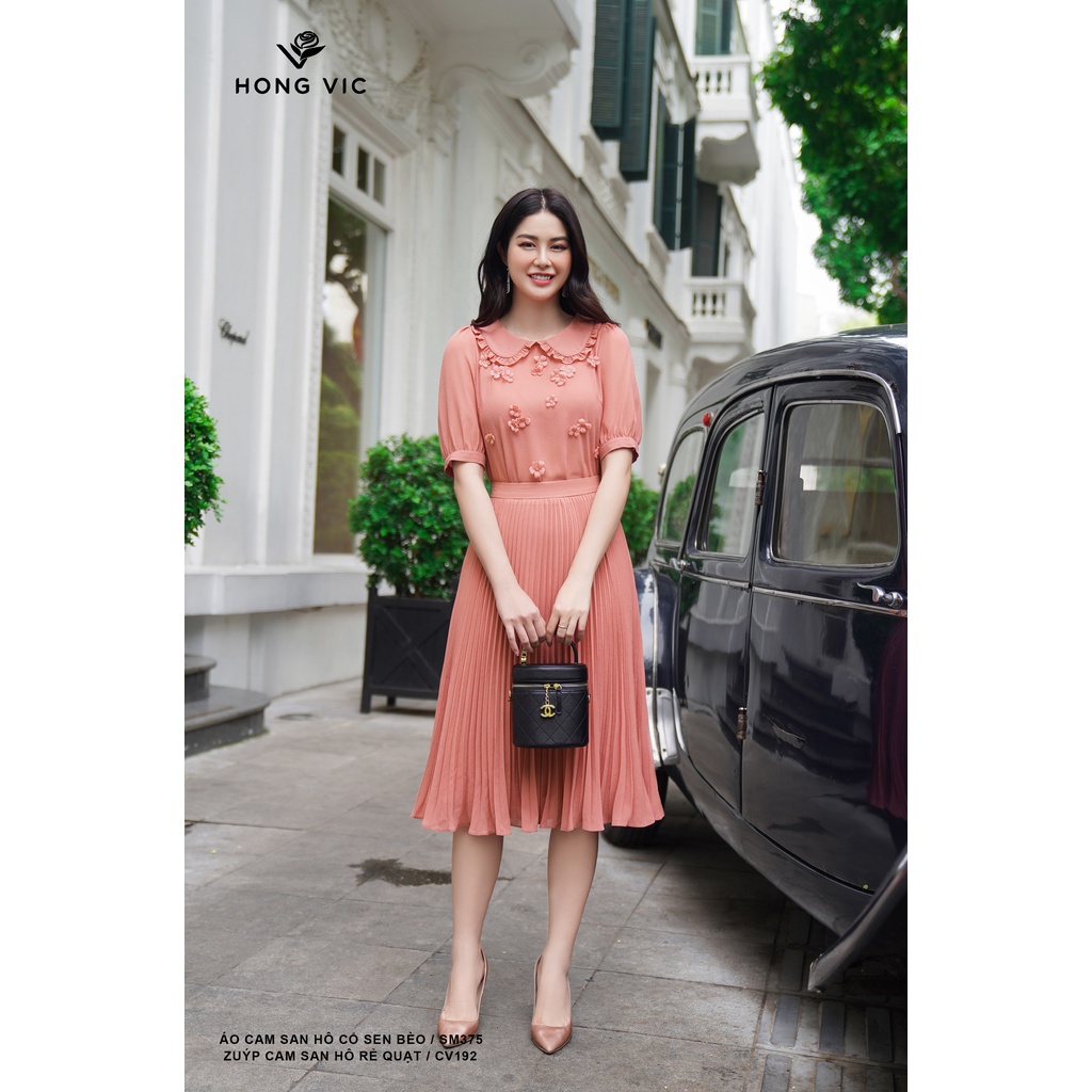 Chân váy nữ thiết kế Hong Vic cam san hô rẻ quạt CV192