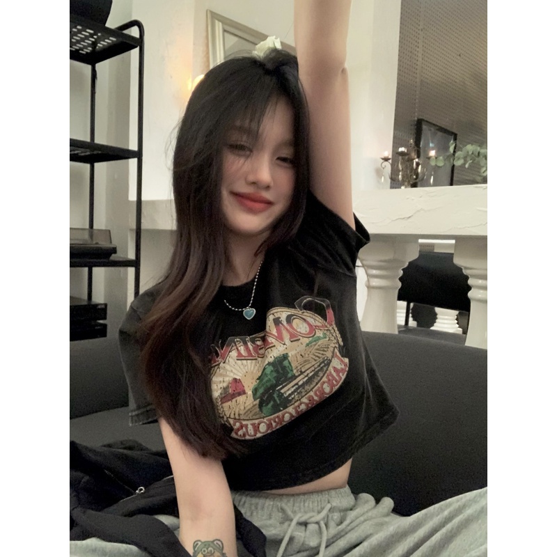 Porozi  Áo thun lửng  tay ngắn cổ tròn dáng ôm in họa tiết phong cách retro Hàn Quốc thời trang cho nữ