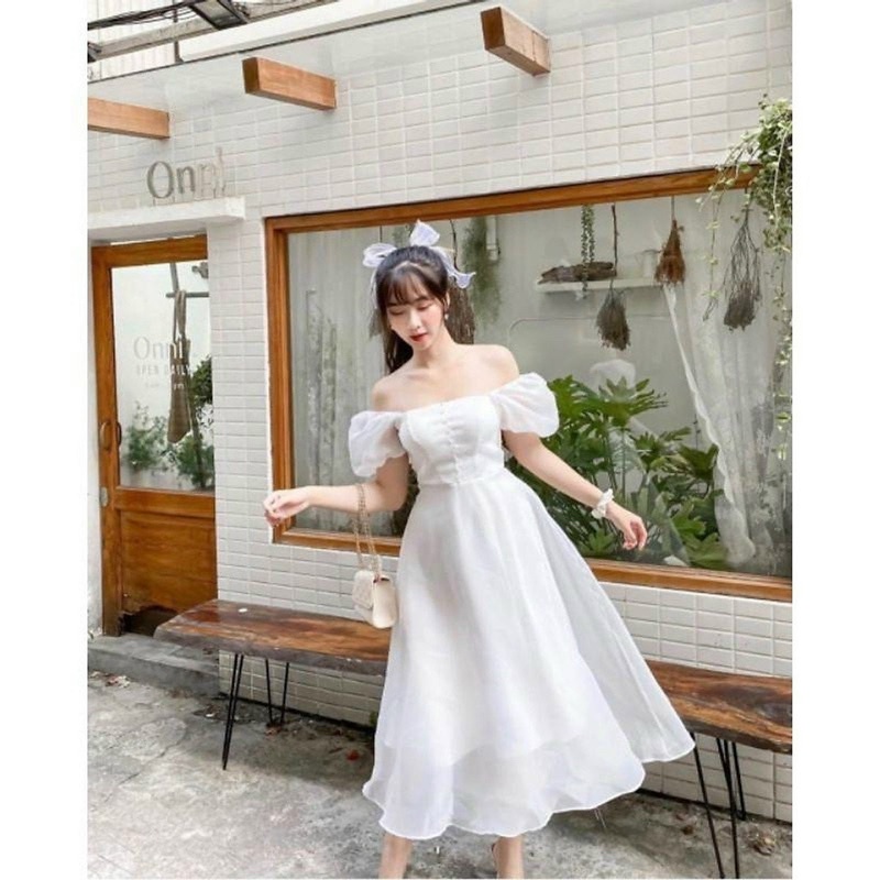 Đầm tiểu thư tay phồng đính nút ngọc chụp hình kỷ yếu Repi BT125
