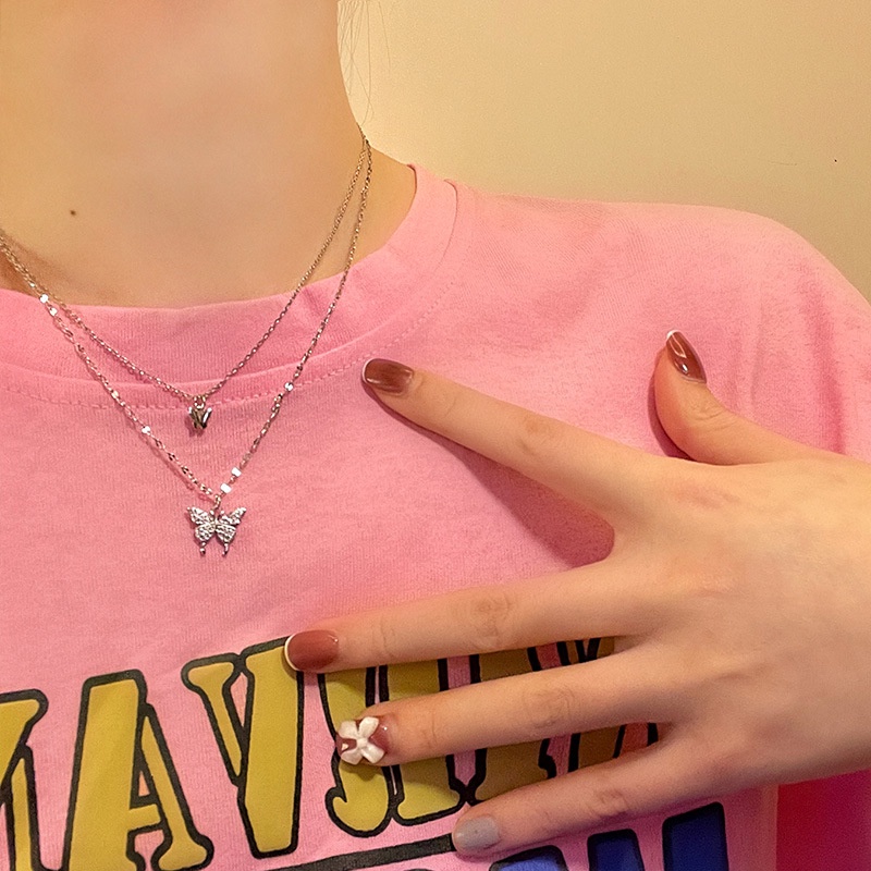 Dây Chuyền Hai Lớp Mặt Hình Bướm Đính Đá Phong Cách Hàn Quốc Đơn Giản Dành Cho Nữ