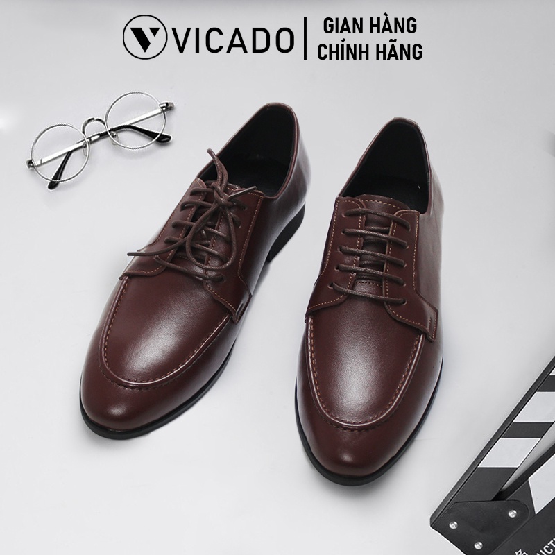 Giày lười nam công sở da bò cao cấp Oxford Vicado VO1110 màu nâu, giày tây nam buộc dây