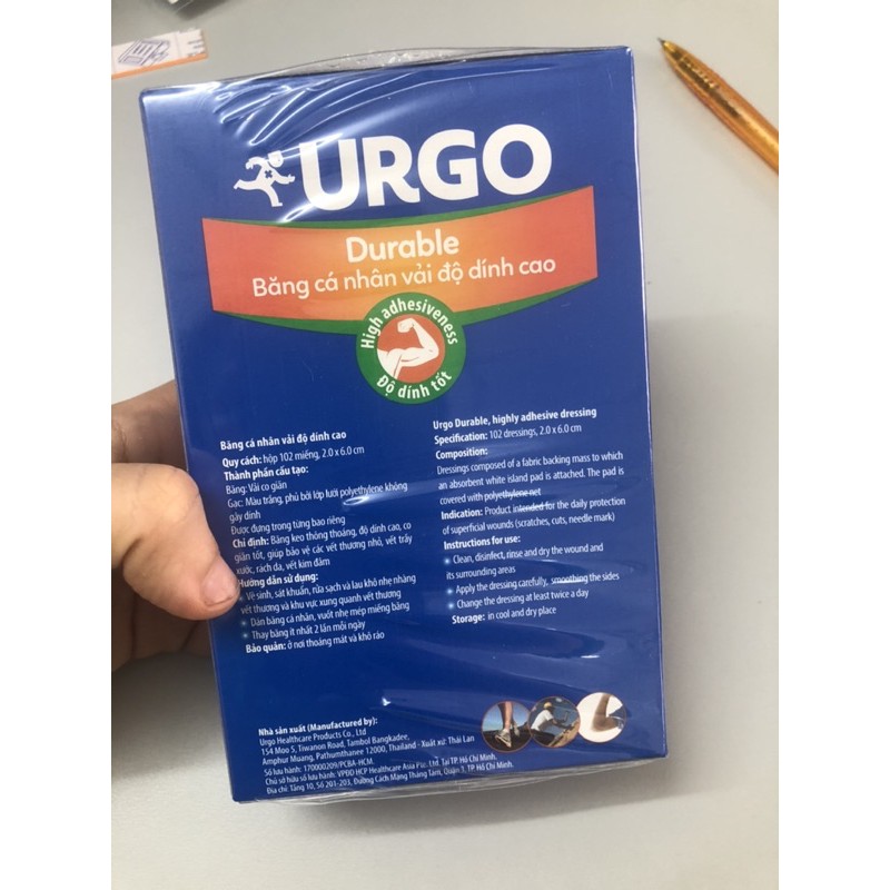 băng cá nhân vải độ dính cao Urgo Dủable hộp 102 miếng