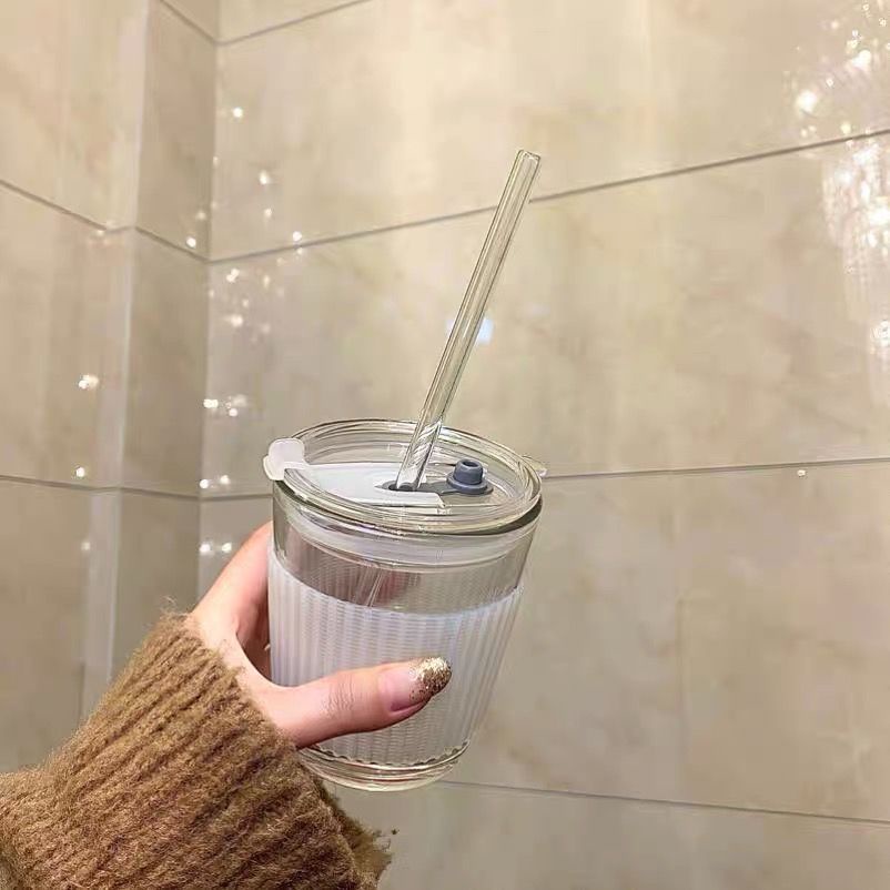 Hàng Mới Về Cốc Uống Cà Phê Bằng Thủy Tinh Có Nắp Và Ống Hút Kiểu Hàn Quốc Dùng Trong Văn Phòng
