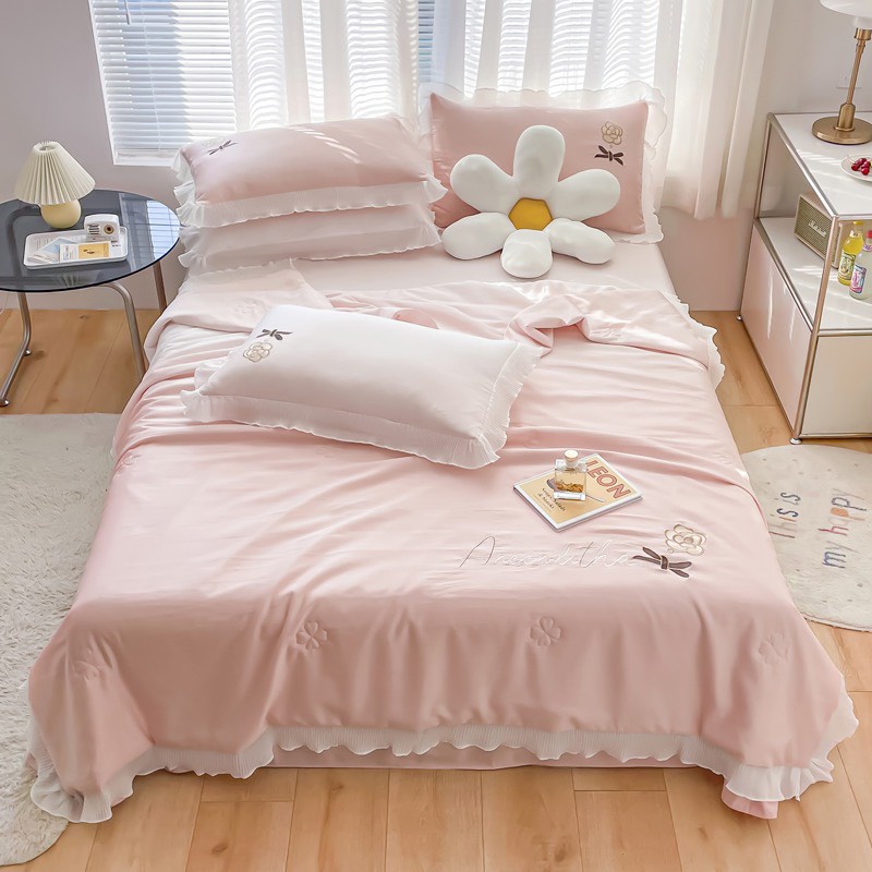 Bộ chăn chần ga gối phi lụa viền bèo LIDACO tone màu pastel nhẹ nhàng decor phòng ngủ xinh xắn