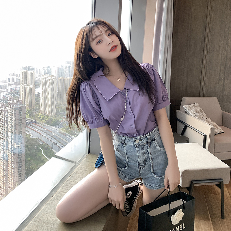 Women's Purple Polo Collar Puff Sleeve Blouse Loose French Fashion Summer Solid Short Sleeve Crop Tops | BigBuy360 - bigbuy360.vn