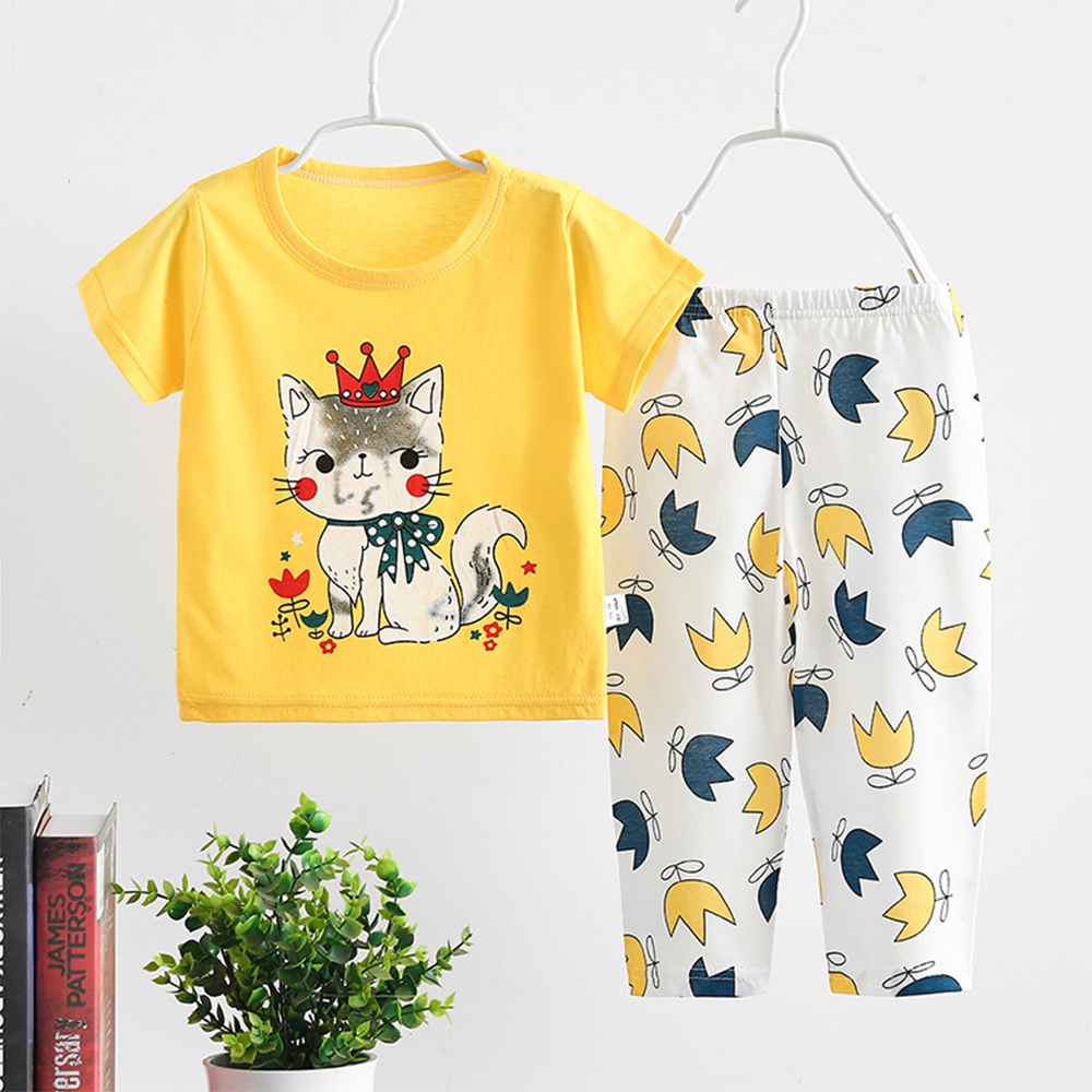 Bộ đồ ngủ tay ngắn cổ tròn chất liệu cotton mềm in họa tiết hoạt hình thời trang mùa hè cho bé