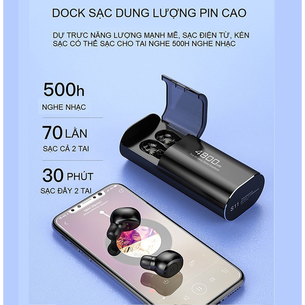 Tai nghe TWS không dây Bluetooth Amoi S11 - Pin 4800mah - Chống nước IPX7 - Bluetooth 5.0