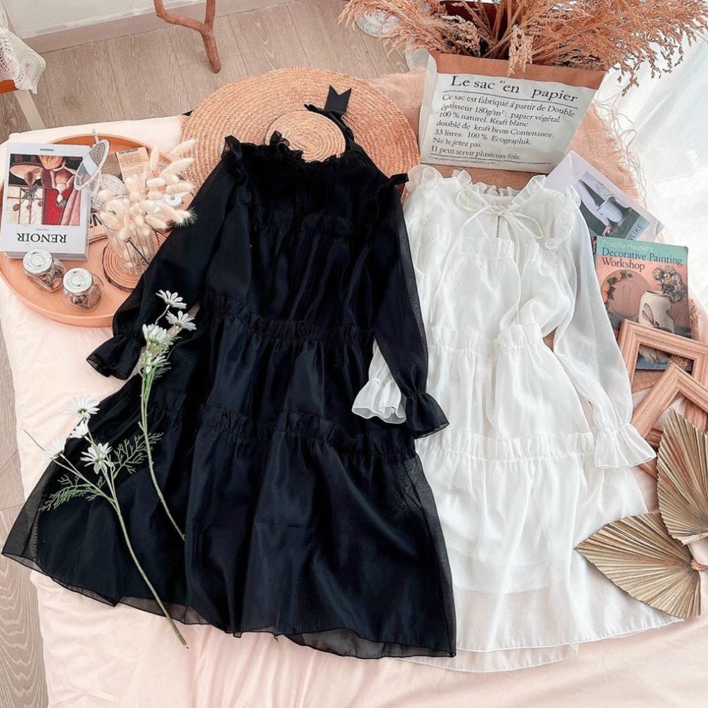 Đầm Babydoll Voan Tầng Viền Bèo Tay Dài Kiểu Dáng Tiểu Thư, Váy Nữ Dáng Xòe Mẫu Hot Mùa Hè Cho Các Nàng Dạo Phố . 🌟