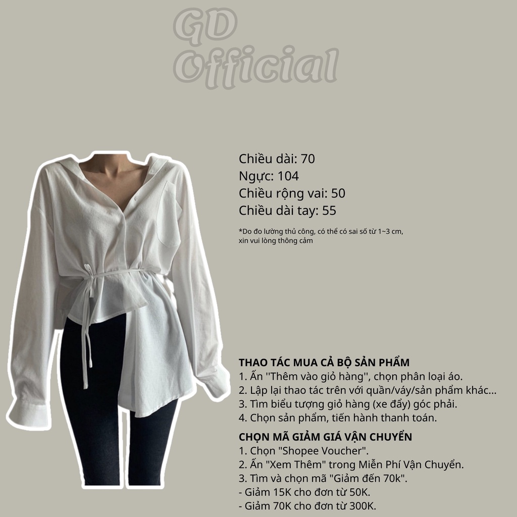 A50|Áo sơ mi polo công sở ngắn rộng thụng cá tính đơn giản túi dài tay thắt lưng eo xẻ tà không đều trắng GD Official