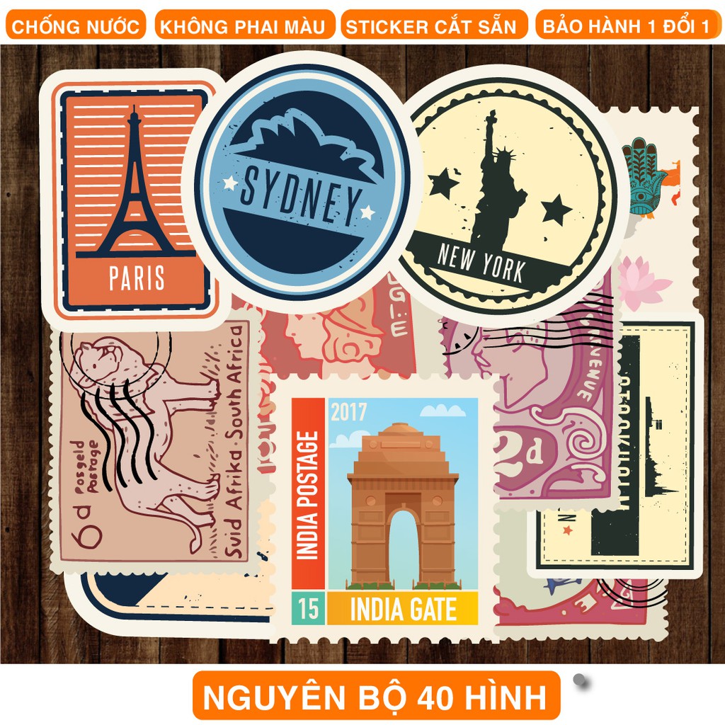 Nguyên bộ 40 Sticker Vintage dán điện thoại, laptop, nón bảo hiểm, guitar, vali MSP: V11