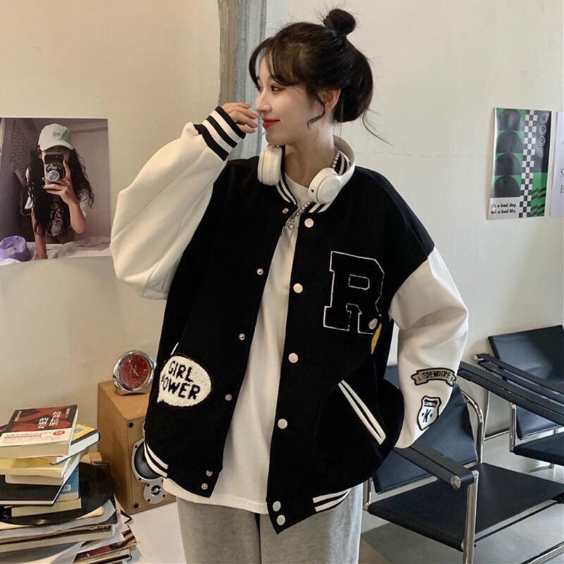 Áo Bomber Nam Nữ Xưởng May Áo Khoác Bóng Chày Unisex Cúc Bấm Thêu Nổi Chữ R Hình Mặt Cười