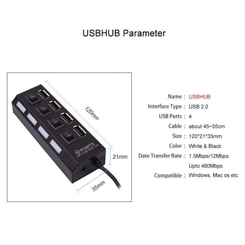 Bộ chia cổng usb hub 4 port hình ổ điện có công tắc led đa năng cho máy tính laptop, pc, điện thoại, máy in, đọc thẻ nhớ