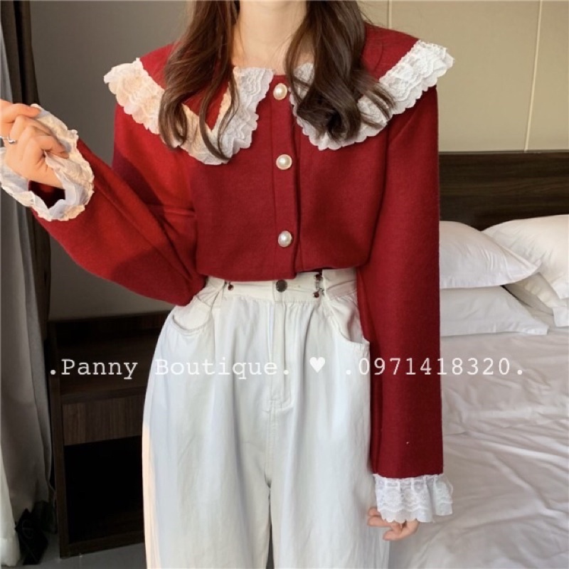 Áo sơmi nỉ bông phối ren hai màu đỏ đô và trắng, style ulzzang Hàn Quốc🌻 Panny Boutique 🌻