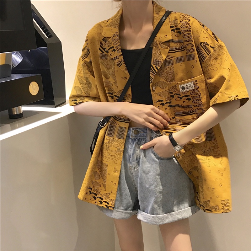 Áo sơ mi SUXI kiểu mỏng dáng rộng in họa tiết vintage dễ phối đồ thời trang mùa hè cho nữ