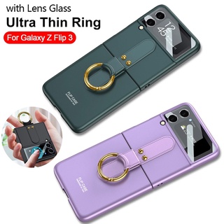 Ốp điện thoại nhựa cứng kính cường lực bề mặt nhám có vòng nhẫn đeo ngón tay cho Samsung Galaxy Z Flip 3